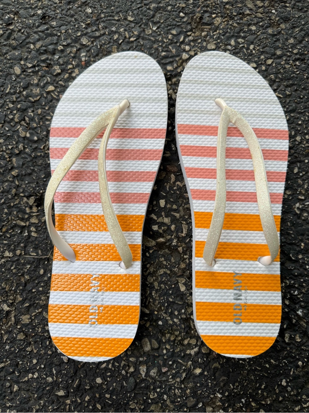 Old Navy White Orange Striped Flip Flops Size 9-10 NWOT